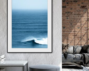 Blue Wave Ocean Print – Minimalist Seascape from Nazaré Portugal – Digital Coastal Wall Art