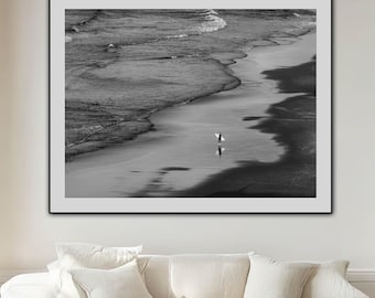 Lone Surfer Black and White Beach Print: Minimalist Ocean Photography Poster (Digital Download)