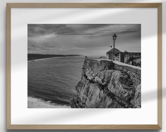 Nazare Portugal Cliff Print: Black and White Coastal Photography (Digital Download)