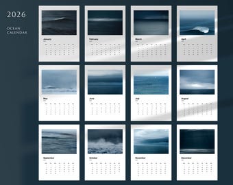 2026 Ocean Calendar Printable – Minimalist Seascape Photography Wall Calendar, Modern Coastal Wall Art, A3 A4 A5, Instant Download
