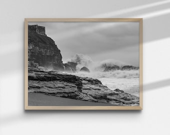 Nazare Portugal Wave Print: Black and White Coastal Seascape (Digital Download)
