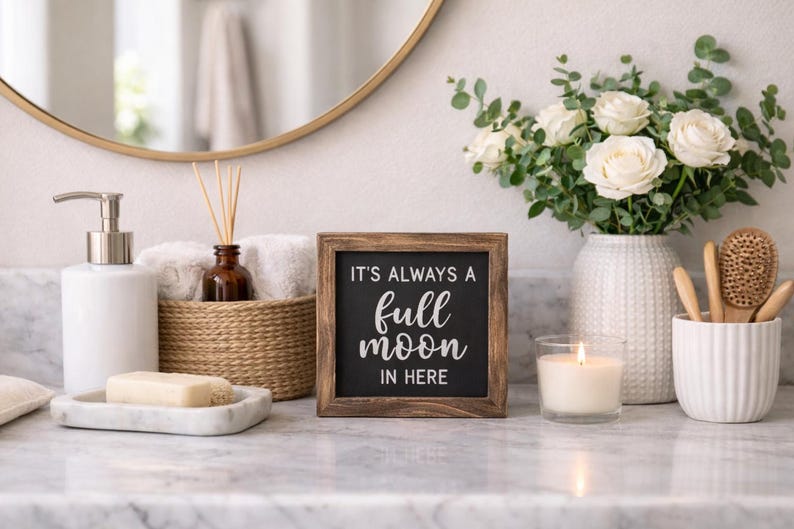 Bathroom Sign, Bathroom Decor, Restroom Sign, Restroom Decor, Full Moon, Full Moon Sign, Funny Bathroom Sign, Home Decor, Farmhouse Decor Black W/ White
