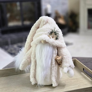 Handmade Ivory Gnome with Sherpa Coat: Home Decor Gift