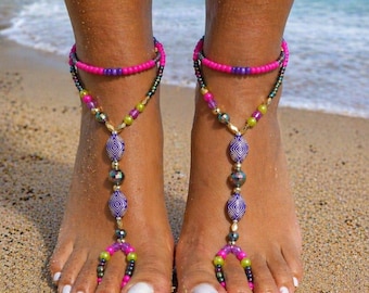 Purple Handmade Beaded Barefoot Sandals, Boho Beach Foot Jewelry Summer Accessories