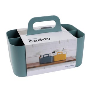 May include: A teal blue plastic caddy with a handle and multiple compartments. The caddy has the words "Blue Ginkgo Caddy" printed on the side. The caddy is shown with two smaller caddies inside, one yellow and one blue.