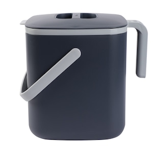 May include: A dark gray compost bin with a lid and a handle. The bin has a smaller handle on the side.