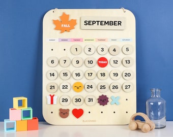 BLUE GINKGO Wooden Kids Calendar | Montessori Calendar for Kids to Learn Seasons, Months and Days of The Week | Kids Learning Calendar