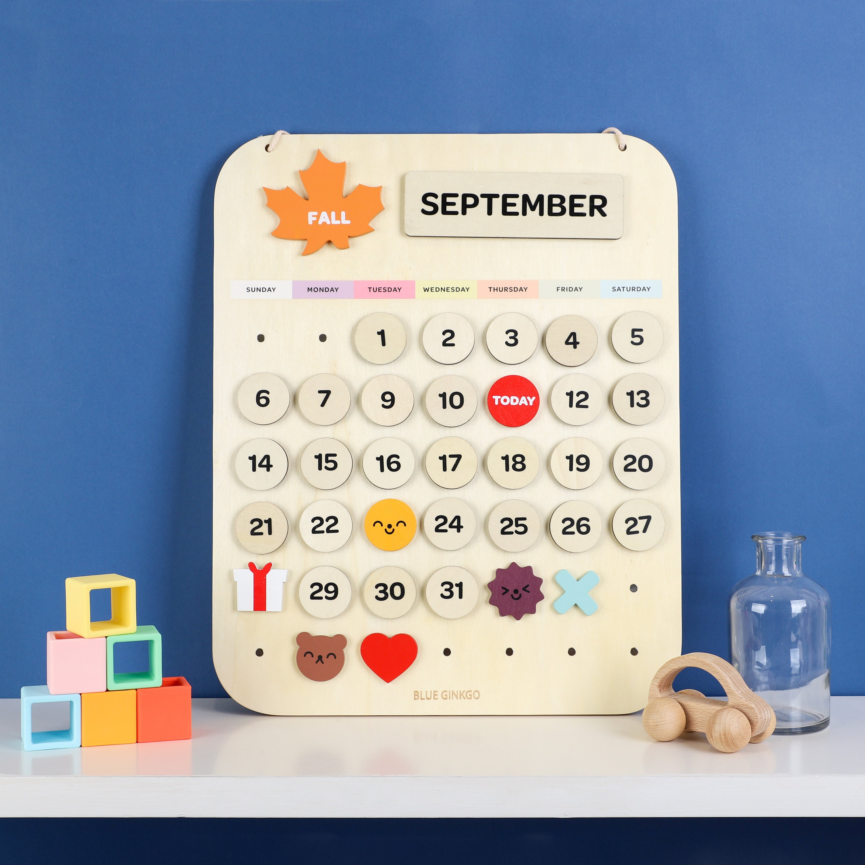 Calendrier en bois pour enfants GINKGO BLEU | Calendrier Montessori pour les enfants : saisons, mois et jours de la semaine | Calendrier d'apprentissage pour enfants