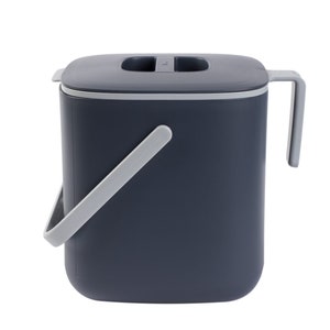 May include: A dark gray compost bin with a gray lid and a gray handle. The bin has a square shape and a smooth surface.