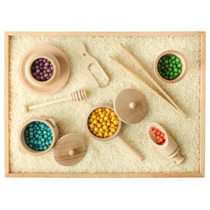Sensory Bin Tools - Montessori Fine Motor Skills Learning Waldorf Toys for Toddlers and Kids Pretend Play - - 9 Piece Kitchen Wooden Set
