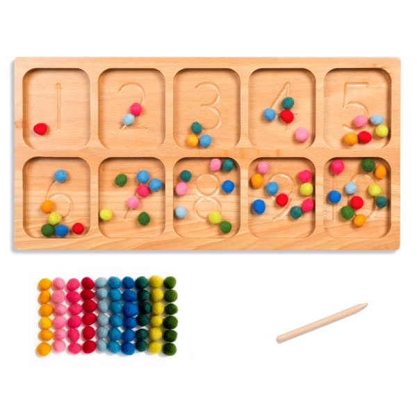 BLUE GINKGO Wooden Number Sorting and Counting Tray + 60 Felt Balls