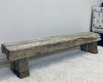 Vintage Rustic Indian Primitive Solid Wood Ornate Solid Wood Teak Bench