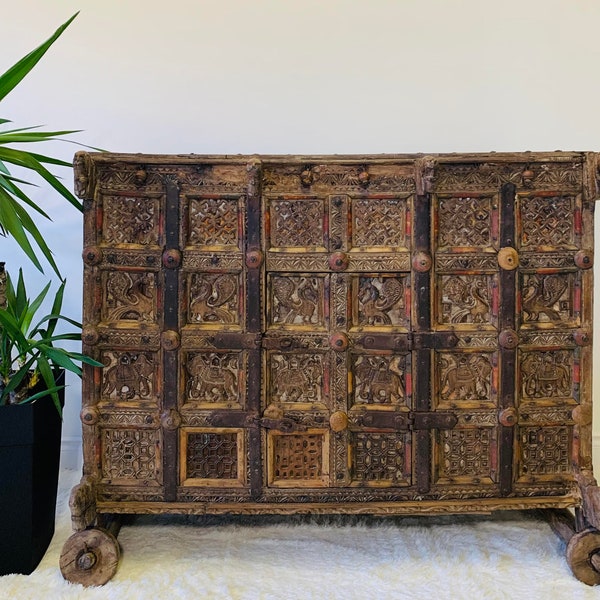 Vintage Rustic Indian Damachiya Antique Indian Wood Sideboard Credenza Handcrafted Ornate Cabinet 1890s