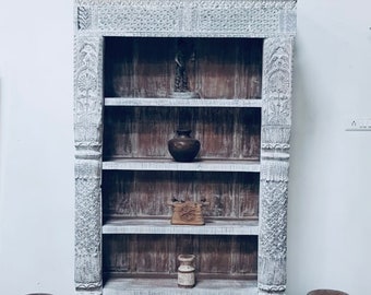 Vintage Rustic Indian Display Cabinet, Hand Carved Solid Wood, Distressed Finish, Ornate! Rare Antique Wood Bookshelf