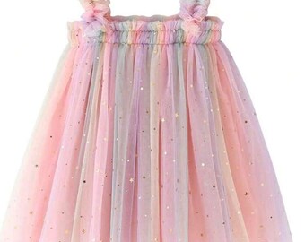 Robe en tulle arc-en-ciel rose pastel, tulle pour bébé, robe pour tout-petit avec étoiles, robe de premier anniversaire, robe pour séance photo pour tout-petit