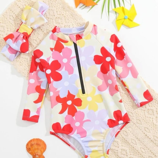 Baby Allover Floral Print Raglan Sleeve One Piece Swimsuit & Accessory Headband