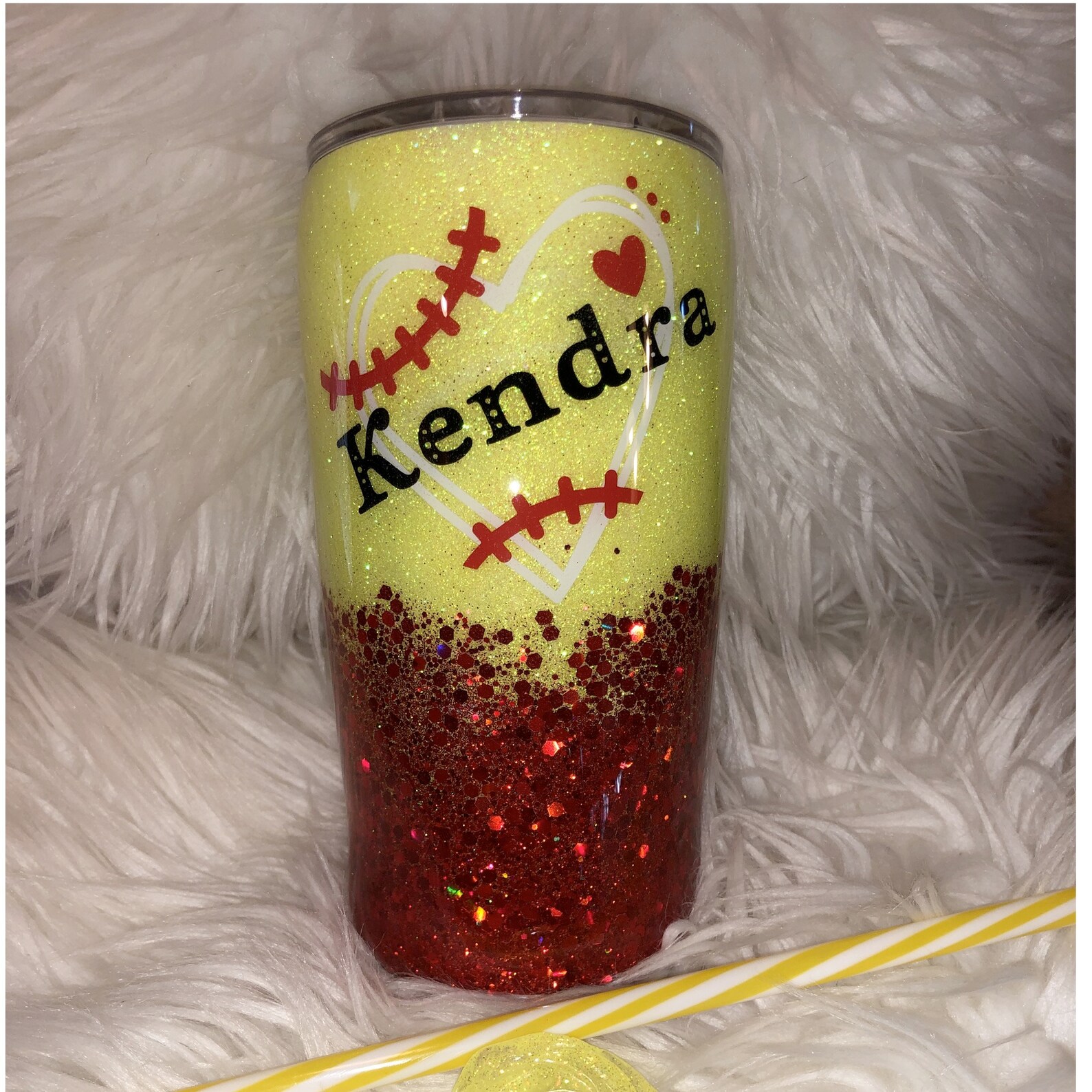 Softball Glitter Tumbler, Red Glitter, Yellow Glitter, Softball Laces