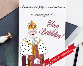 Carte imprimable Hamilton inspirée, anniversaire du bataillon du roi George, anniversaire de Hamilton, carte du roi Hamilton, carte d'anniversaire du roi George, drôle