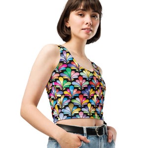 Colorful Floral Crop Top, Vibrant Peacock Pattern Shirt, Rainbow Geometric Festival Top, Artistic Mosaic Sublimation Tee, Boho Party Outfit