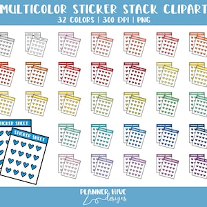 May include: A set of 32 colorful sticker sheets with heart-shaped stickers. Each sheet has 24 stickers. The stickers are in various colors, including red, orange, yellow, green, blue, purple, and pink.