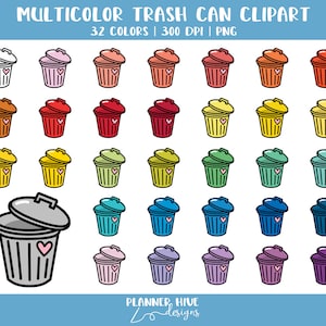 Pode incluir: Uma coleção de 32 imagens clipart de lixeiras multicoloridas. Cada lixeira é retratada com uma tampa e um design de coração. O texto "MULTICOLOR TRASH CAN CLIPART" está no topo, com "32 COLORS | 300 DPI | PNG" abaixo.