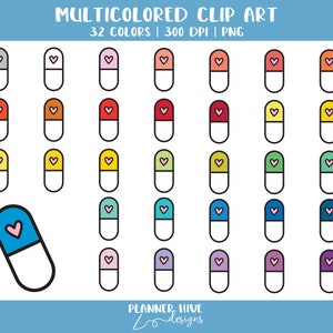 Pil Clipart | Geneeskunde Clipart Doodle | Vitamine Clipart | 32 Meerkleurige PNG | Planner Hive Ontwerpen