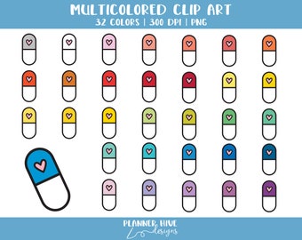 Pill Clipart | Medicine Clipart Doodle | Vitamin Clipart | 32 Multicolor PNG | Planner Hive Designs