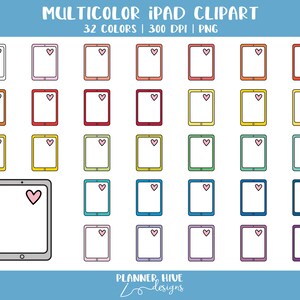 May include: A set of 32 colorful iPad clipart images. Each image features a simple outline of an iPad with a pink heart in the center. The images are perfect for planners, digital organizers, and other creative projects.