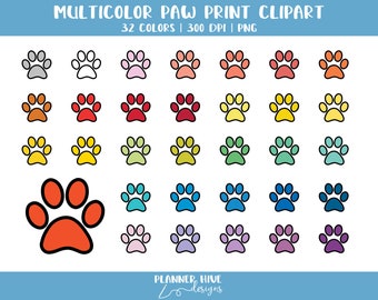 May include: A set of 32 paw print clipart images in various colors. The paw prints are outlined in black and filled with different colors, including red, orange, yellow, green, blue, purple, and pink.