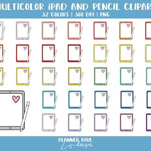 May include: 32 colorful digital tablet and pencil illustrations. Each tablet has a heart icon and a pencil. The tablets are in various colors, including red, orange, yellow, green, blue, purple, and pink.