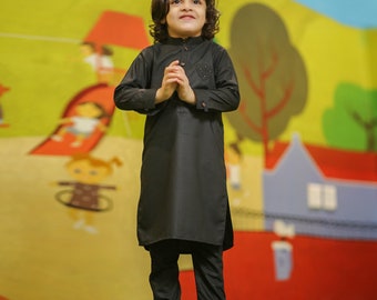 Indian | Pakistani | Bengali | Desi Style Black Slim Fit Kurta for Boys | Kids for Eid | Ramadan | Wedding