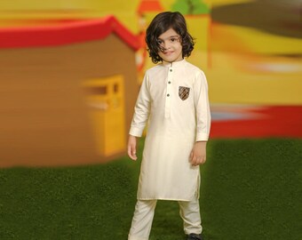 Indian | Pakistani | Bengali | Desi Style Off White Slim Fit Kurta for Boys | Kids for Eid | Ramadan | Wedding