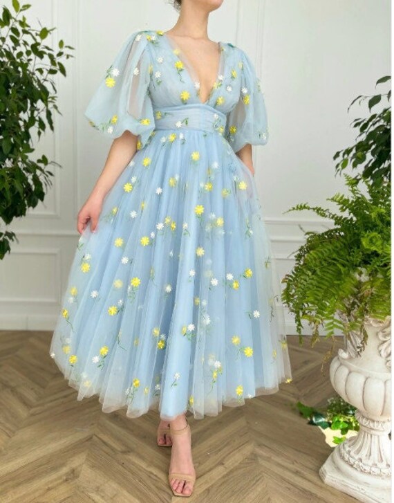 Blue Tulle Midi Prom Dress/ Tulle Prom Dress/ Etsy