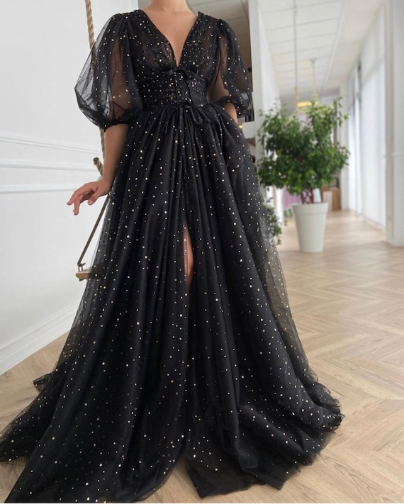 Starry Black Tulle Prom Dress Starry Tulle Mesh Dress - Etsy