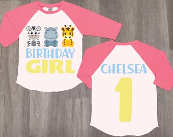Safari 1st Birthday Girl Shirt: Zebra, Hippo, Giraffe Tee