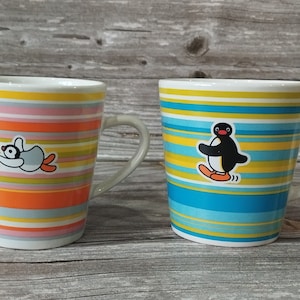 Vintage Pingu Mug Set: Striped Ceramic Penguin Cups, 2000s Kawaii