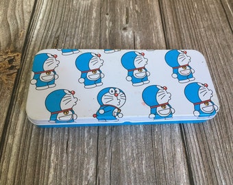 Vintage Doraemon Metal Pencil Case Blue White Japan Fujiko-Pro Anime 90s Stationery Tin Box