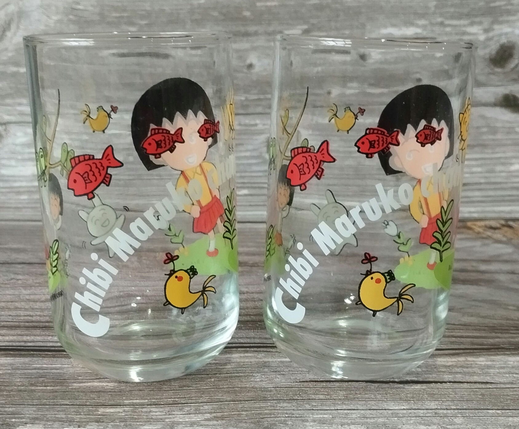 Chibi Maruko Chan Glass Set, Vintage Japanese Anime