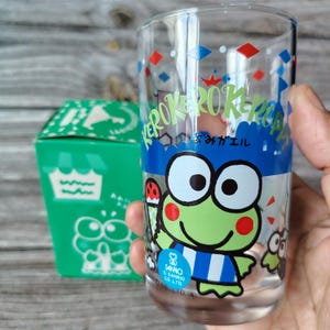 Vaso de cristal Kerokerokeroppi vintage de 1992, artículo de colección de Sanrio con caja original.