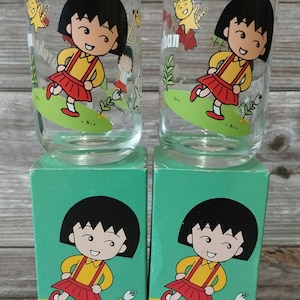 Chibi Maruko Chan Glass Set, Vintage Japanese Anime Drinkware, Collectible Glasses with Original Boxes, Retro Cartoon Glassware