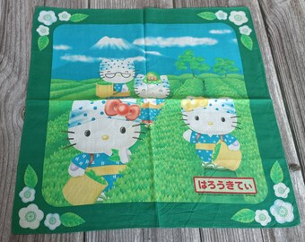 Vintage Hello Kitty Tea Field Handkerchief 2000 Sanrio Japan Green Floral