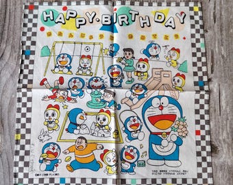 Vintage Doraemon Birthday Handkerchief Japanese Anime Cotton Cloth Rare
