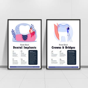 Poster per studi dentistici con impianti dentali e ponti corona. Set di 2 poster senza cornice, per l'educazione del paziente. Spedizione in tutto il mondo.