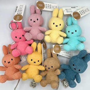 May include: A collection of plush bunny keychains in various colors, including pink, yellow, blue, and orange. Each bunny has a corduroy texture, black stitched eyes and mouth, and a keychain attachment. Tags with text are attached to each bunny.