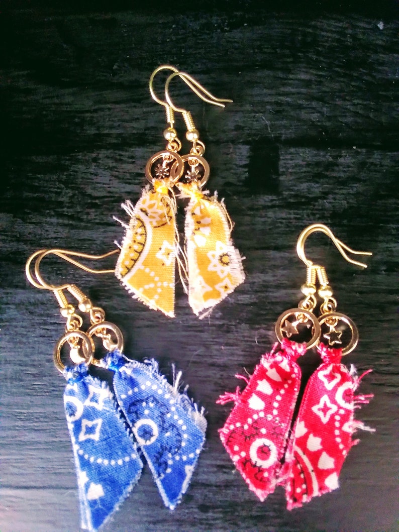 red earrings gold blue has moons and yellow earrings Bandanna earrings blue yellow has sun/'s and red has stars handkerchief earrings