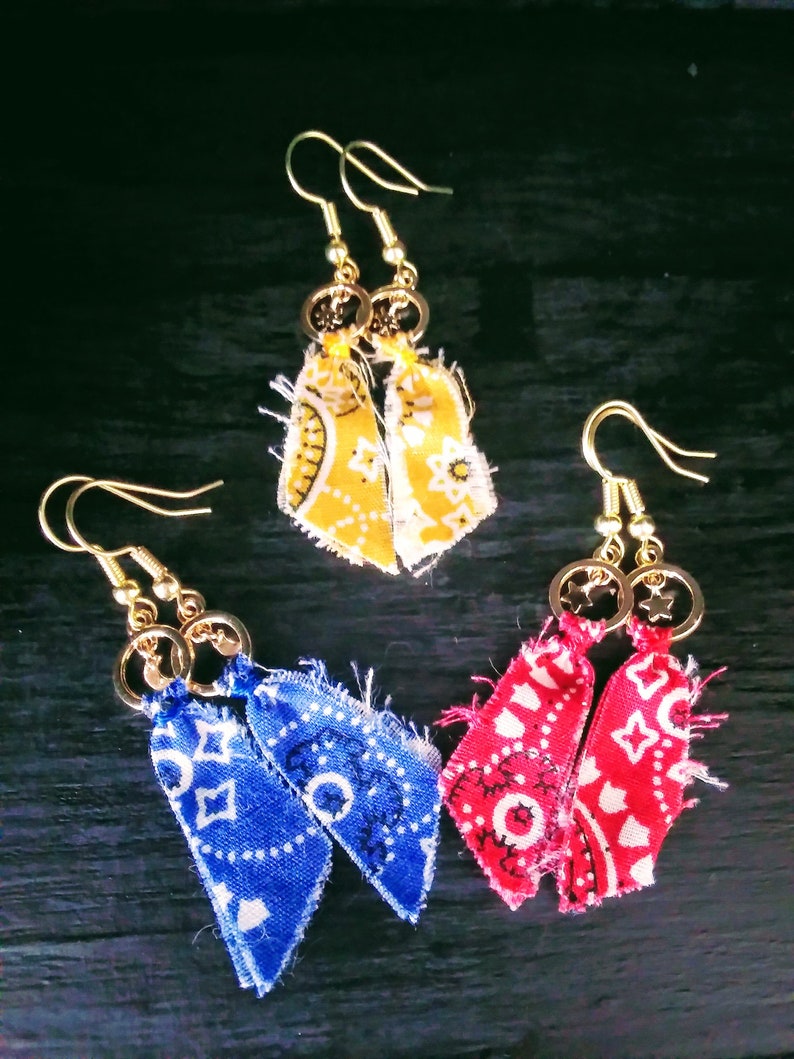 red earrings gold blue has moons and yellow earrings Bandanna earrings blue yellow has sun/'s and red has stars handkerchief earrings