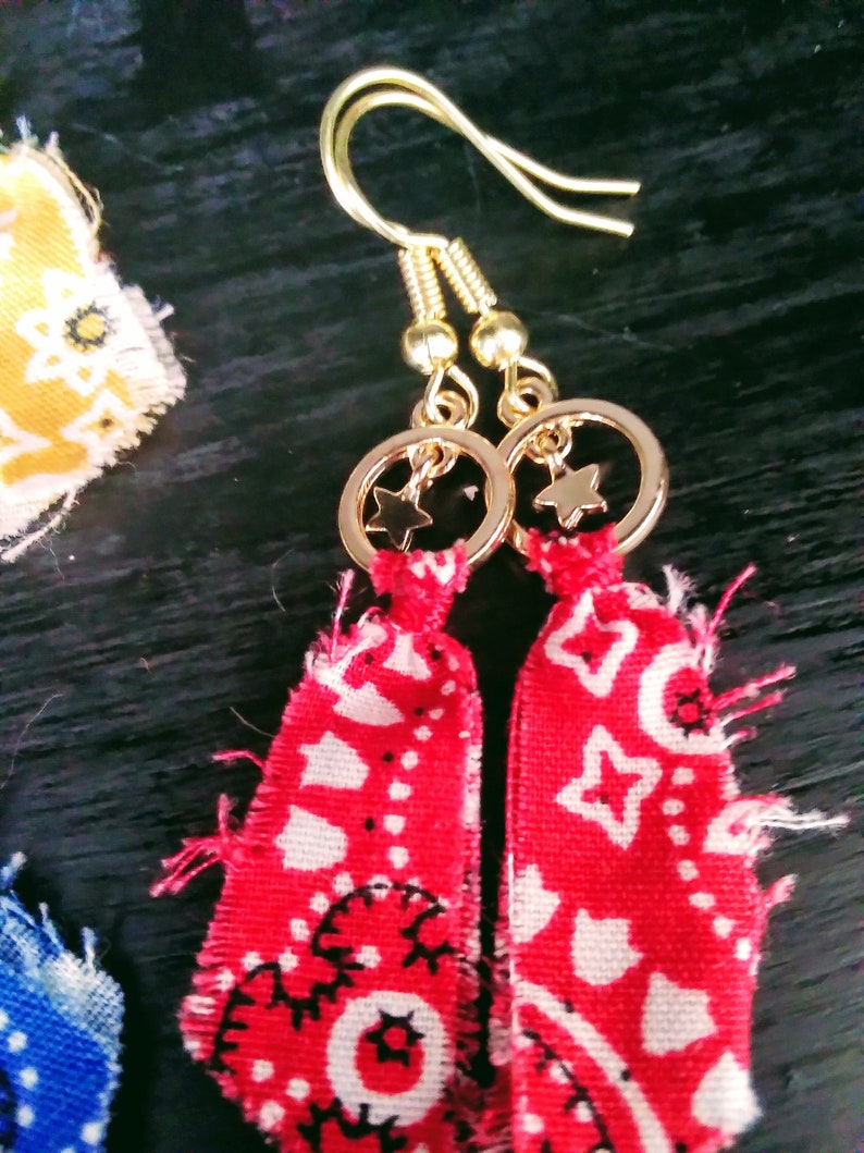 red earrings gold blue has moons and yellow earrings Bandanna earrings blue yellow has sun/'s and red has stars handkerchief earrings