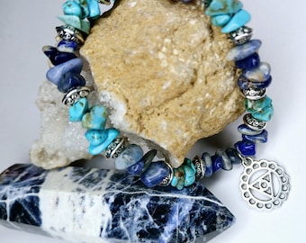 Throat chakra symbols bracelet with real turquoise and sodalite crystals, crystal bracelet, throat chakra crystal bracelet, chakra bracelet