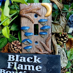 Cottagecore mushroomcore moon lightswitch cover, hand sculpted and hand painted light switch cover, Moon and trees, mushrooms, lightswitch