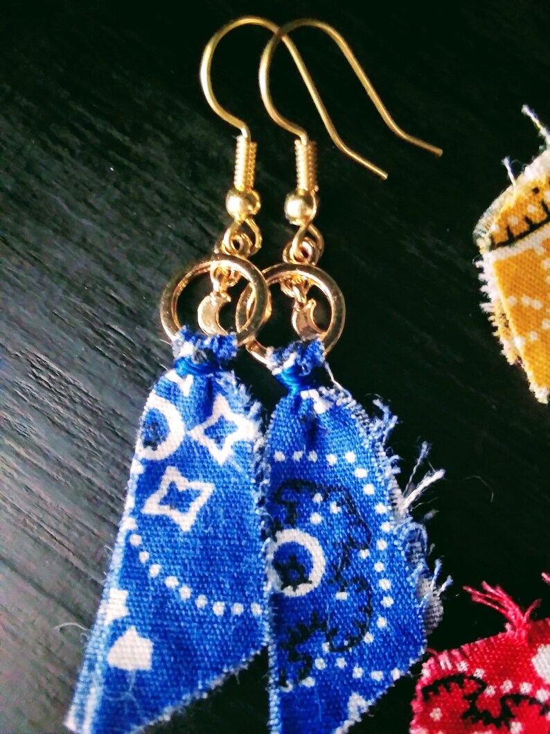 red earrings gold blue has moons and yellow earrings Bandanna earrings blue yellow has sun/'s and red has stars handkerchief earrings